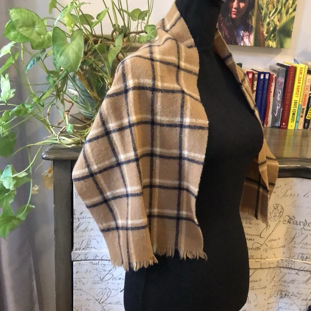 SHETLAND LONG WOOL PLAID SCARF WITH FRINGE TAN BLACK WHITE UNISEX